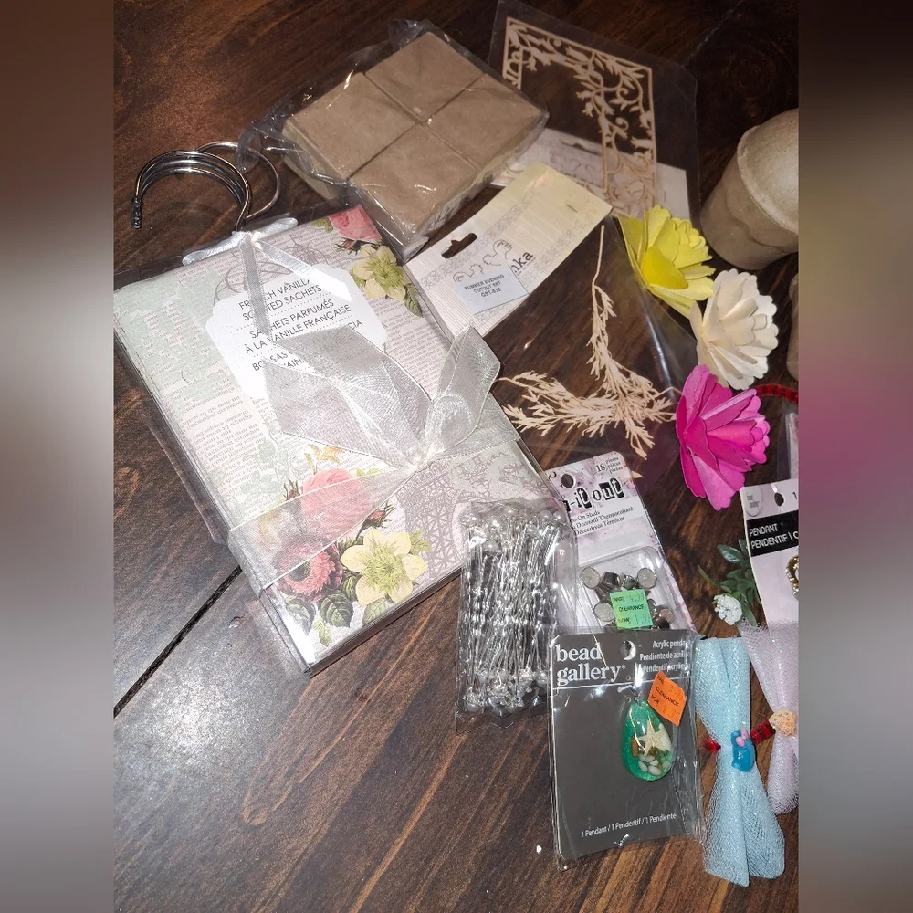 Craft Supplies Wooden Art Mixed Media  Fowers Ribbon Chipboard Jewelry Tags Box